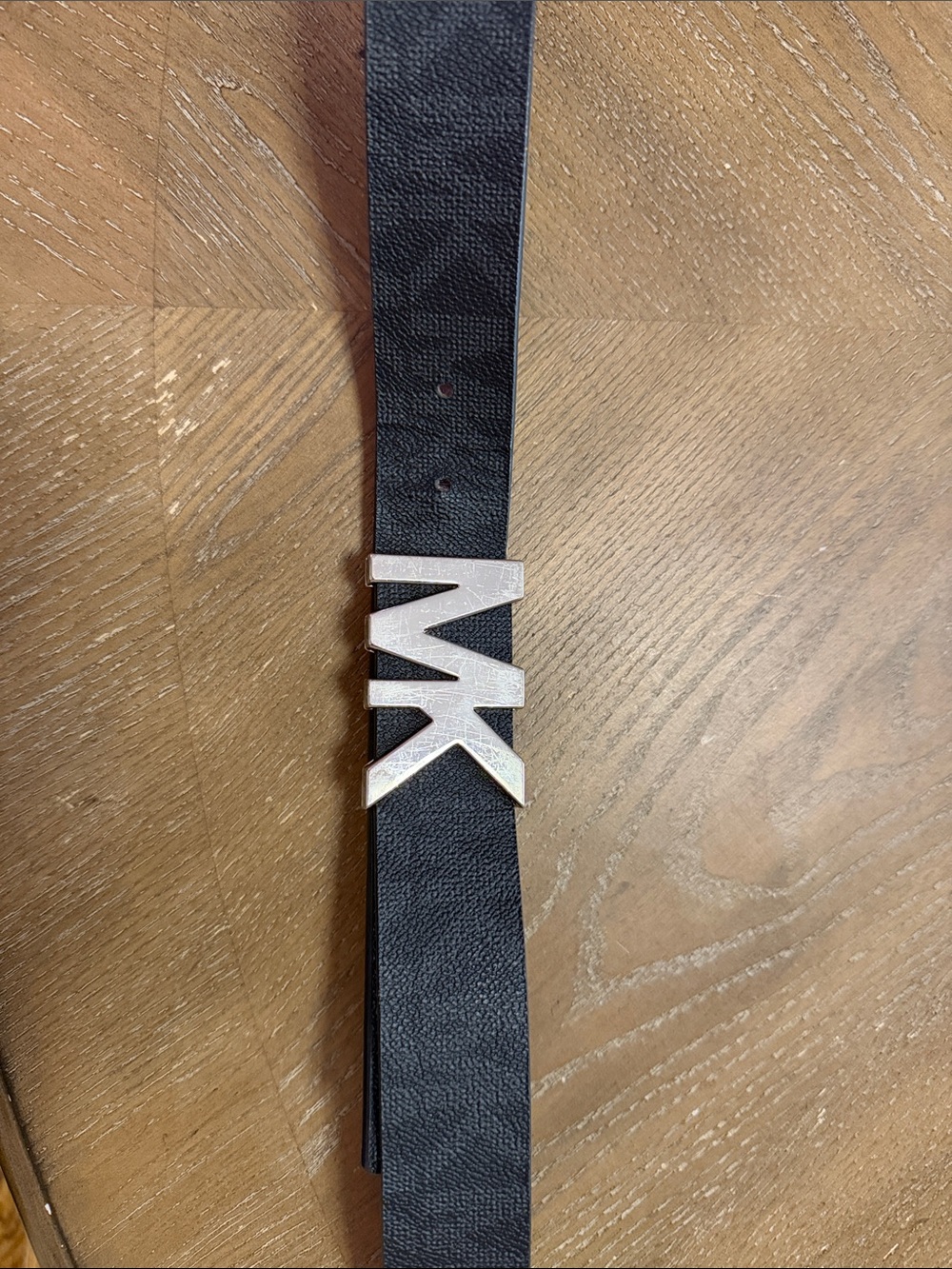 Michael Kors Black Leather Belt with Silver MK Buckle